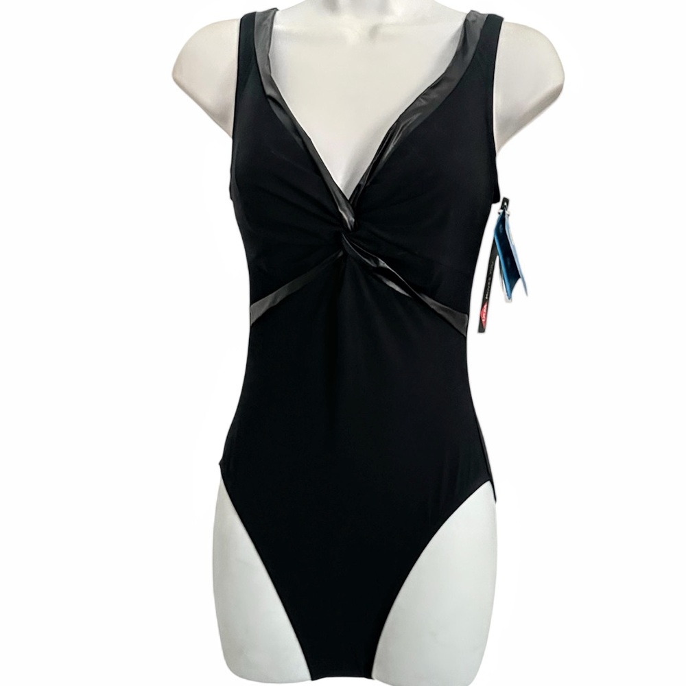 KARLA COLLETTO Pleather Trim 1 PC Swimsuit V-Neck Black SZ 8 RARE New w/Tags